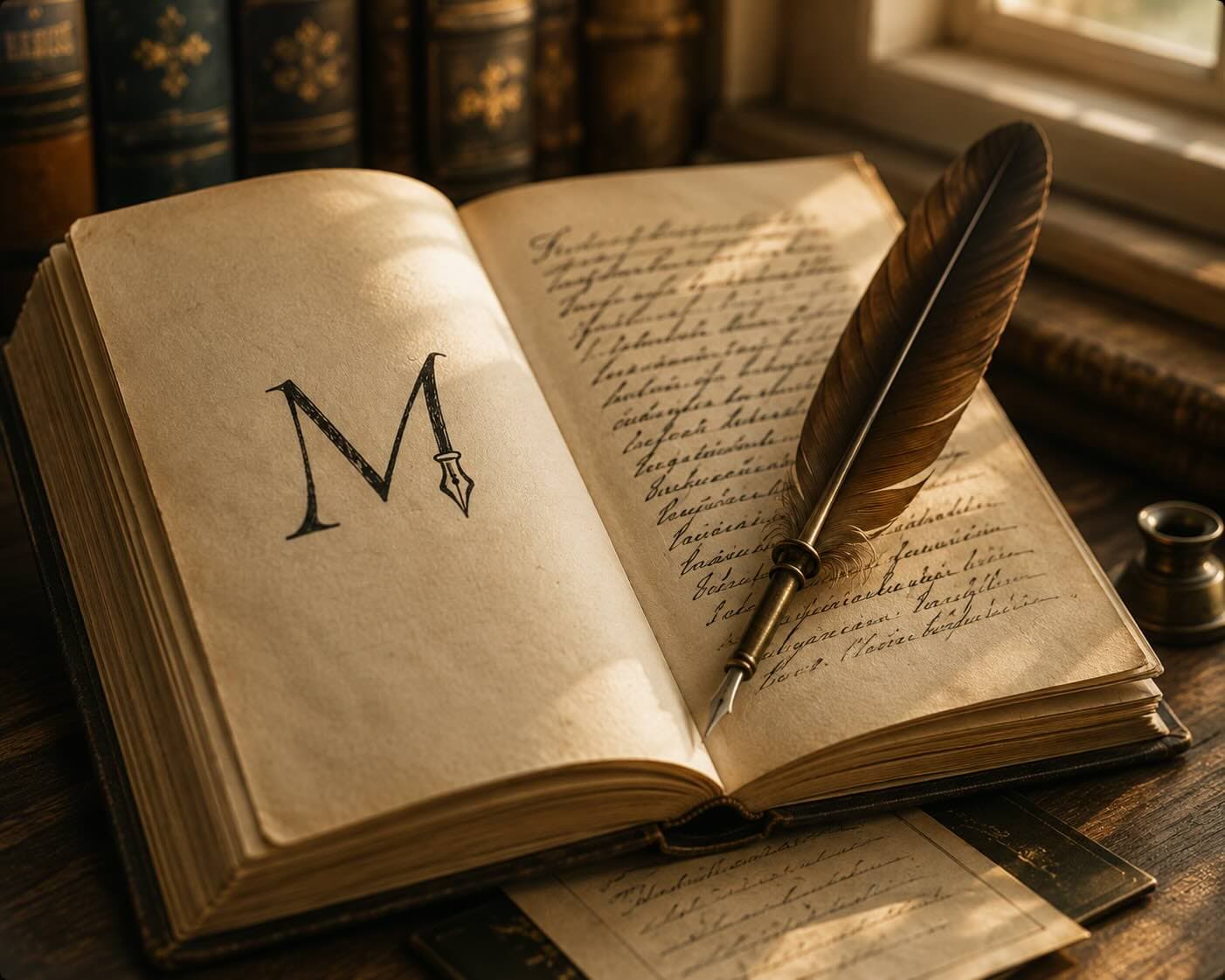 Aufgeschlagenes Buch mit dem Memoria-Monogramm und einer Schreibfeder, im warmen Licht auf einem Holztisch